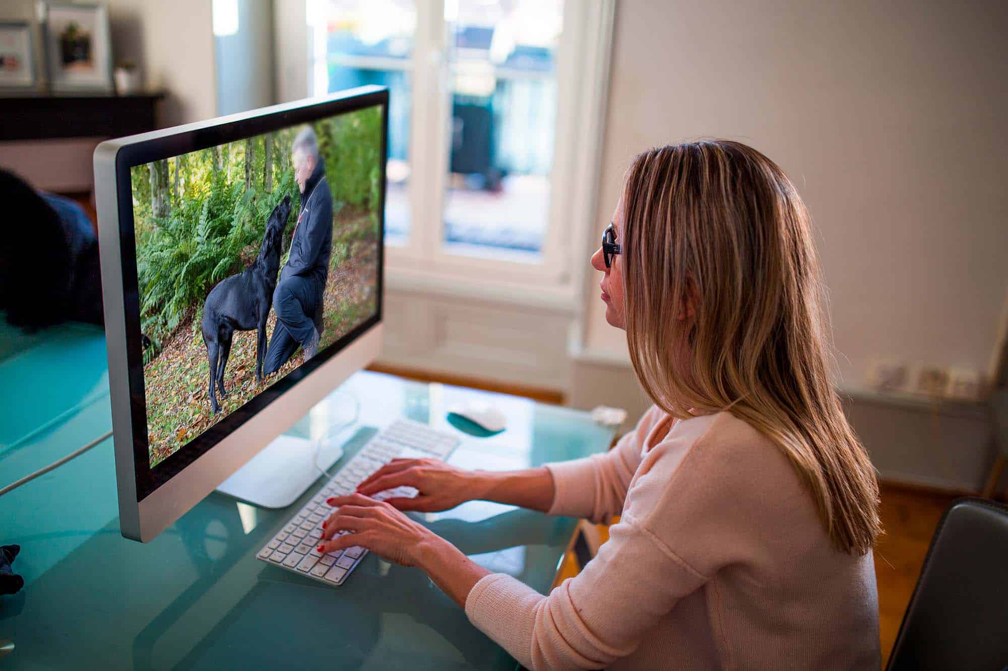 A woman on her computer looking at a video from Maxwell Muir